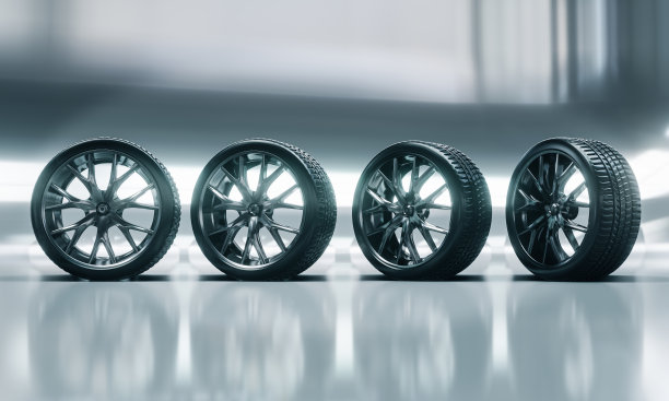 铸钢轮辋橡胶轮胎3D渲染汽车修理店图片下载