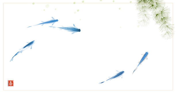 白色背景下的蓝色小鱼和海藻图片下载