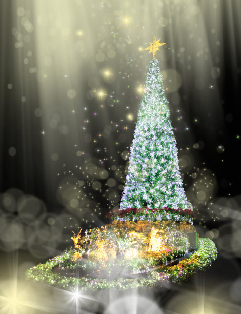 户外闪亮的圣诞树和发光的彩灯图片下载