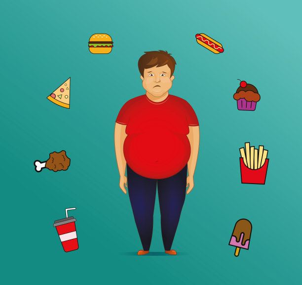 悲伤的胖子。肥胖的性格。胖男孩。卡通矢量插图，年轻悲伤肥胖肥胖的人。矢量平面插图字符丢失设计。孤立在绿色背景上。图片下载