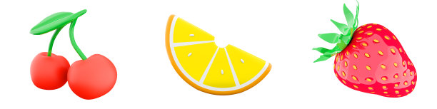 3d渲染樱桃，柠檬片，草莓图标集。3d渲染酸柠檬和樱桃，甜草莓图标集图片下载
