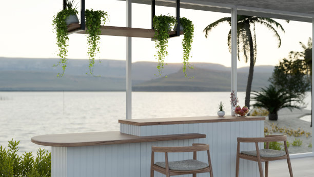 一个现代的，最小的柜台酒吧与木椅在一个舒适的户外休息室露台图片下载