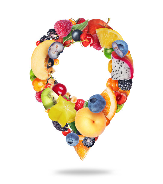 地点标志由各种浆果和水果在白色背景上孤立图片下载