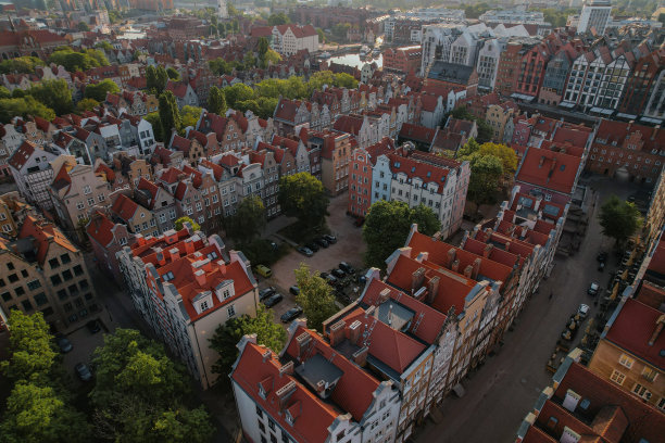 日出时波兰格但斯克老城区美丽的全景建筑。无人机鸟瞰图。从上面看城市景观。古老的历史建筑小欧洲旅游景点旅游目的地图片下载