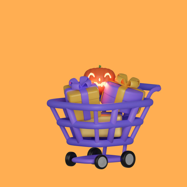 购物车与杰克O灯笼和礼盒孤立的背景。万圣节促销概念。三维渲染图图片下载