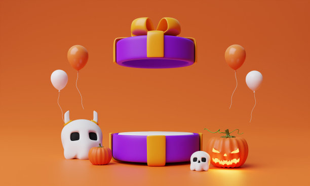 打开3d礼盒与讲台在黄色背景。万圣节快乐概念为产品展示。三维图标渲染图图片下载