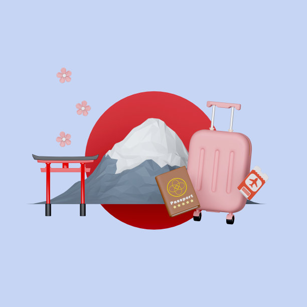 去日本旅行。最小的富士山和红色鸟居与行李和护照。三维渲染图图片下载