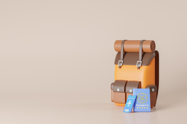 露营者背包。旅客背包，有登机牌和护照。在线旅游规划概念3d背景渲染图图片下载