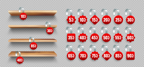 商店货架上的超市促销摆动器。木制产品货架和广告摆架，打九折。杂货墙架。特价标签，特价价格标签。矢量图图片下载