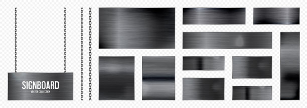 铁链上挂着金属横幅。现实闪亮钢板螺丝。抛光黑色金属表面。矢量图图片下载