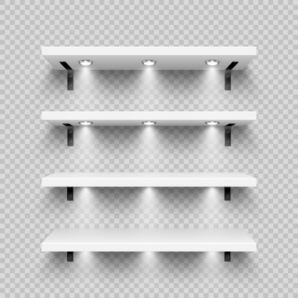 现实的白色商店货架与壁挂和照明，射灯。空产品架、杂货墙架。商场、超市家具、书架。现代室内设计。矢量图图片下载