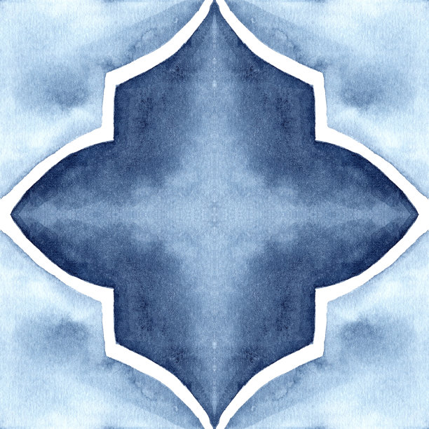 蓝色和白色的Azulejos瓷砖。手绘水彩插图。无缝模式。图片下载