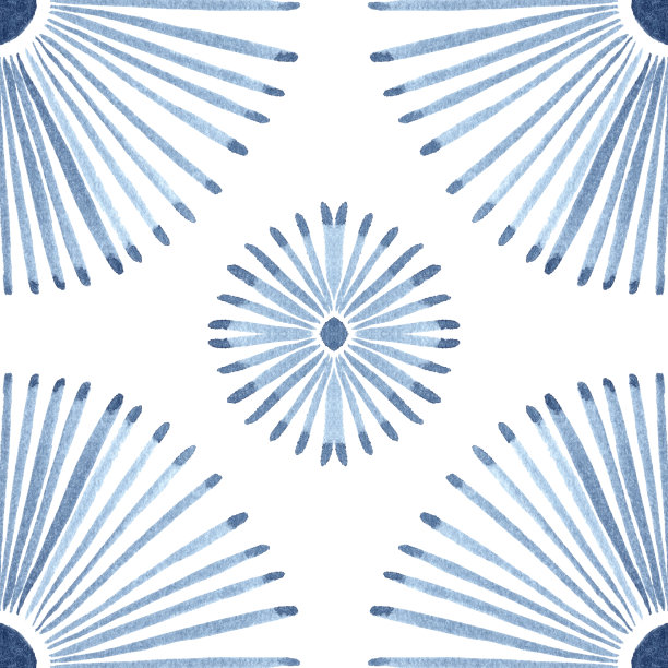 蓝色和白色的Azulejos瓷砖。手绘水彩插图。无缝模式。图片下载