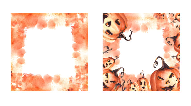 万圣节南瓜吓人的脸方形框架集水彩手绘插图白色背景图片下载