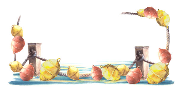 水彩海洋框架红色和黄色浮标，系柱与蓝色海水手绘插图图片下载