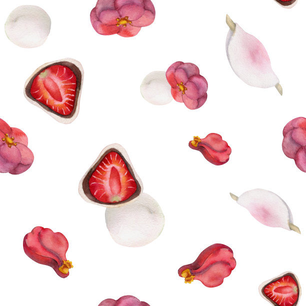 水彩无缝图案与手绘传统日本糖果。和木、麻糬、山茶花。孤立在白色背景上。请柬，餐厅菜单，贺卡，印刷品，纺织品图片下载