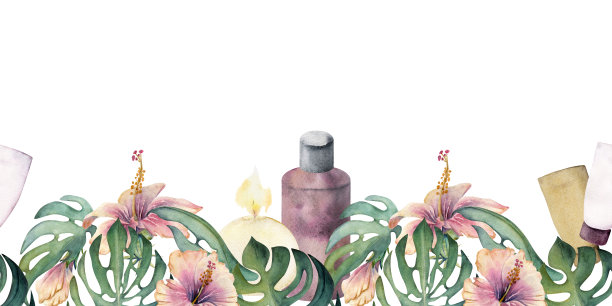 手绘水彩水疗护肤浴美容产品包。无缝水平横幅。孤立在白色背景上。设计墙壁艺术，疗养胜地，印刷，织物，封面，卡片，小册子。图片下载