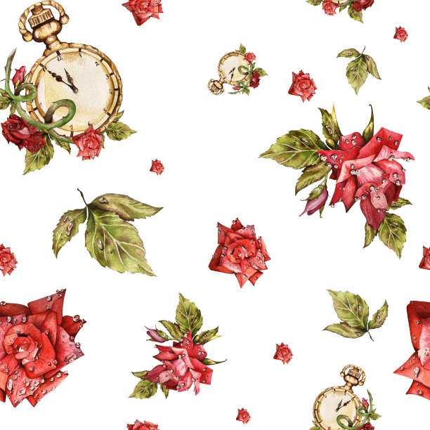 雨后鲜红的玫瑰。水彩插图集。适合明信片、请柬和设计图片下载