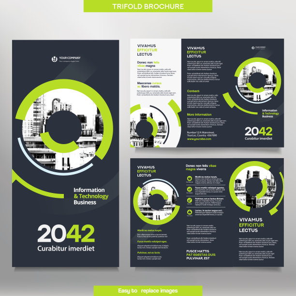 商业宣传册模板在三折叠布局。企业设计单张，可更换形象。图片下载