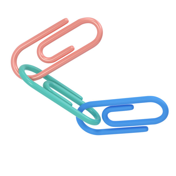 三个剪辑3d图标学校。纸张和文件的体积测量工具。蓝色，粉红色和绿色的坚固支架附加图纸和草图。订书钉，用于办公和家庭配件的固定装订图片下载