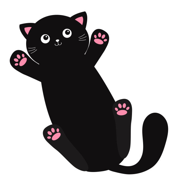 猫仰面躺着。卡通宝宝宠物角色。长身体。粉红色的爪印。可爱的卡哇伊冷黑色小猫头脸。万圣节快乐。贺卡印刷。平面设计。孤立。白色背景。图片下载