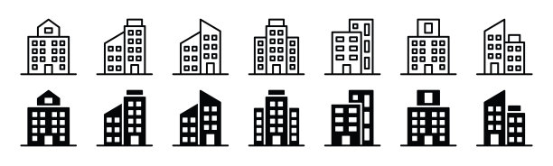 建筑图标集在线和平面的风格。房地产，摩天大楼，商业物业图标符号在白色背景与可编辑的笔画。矢量图图片下载