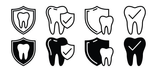 牙科保险图标在线和平面的风格。牙齿带有盾牌和勾号符号。矢量图图片下载