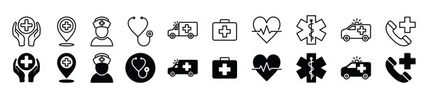 医疗保健的细线条和扁平风格图标。医疗保健，地图别针，护士，听诊器，救护车，药袋，心跳，药房，医院电话图标符号的应用程序和网站。矢量图图片下载