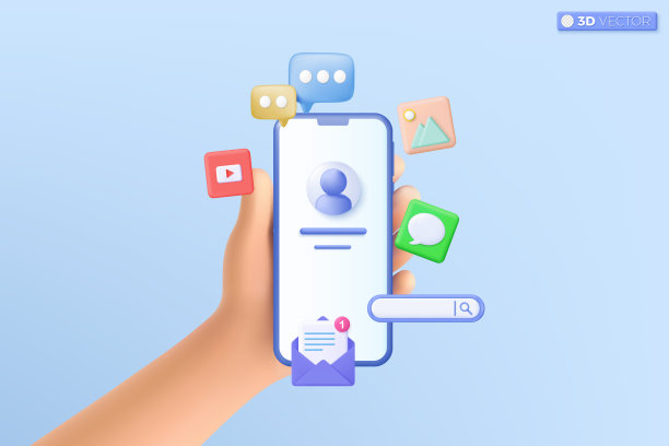 3d手持手机社交媒体图标符号。视频和照片画廊，电子邮件，语音泡沫，即时通讯模板概念。3D矢量孤立插图，卡通粉彩最小的风格。图片下载