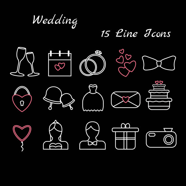 婚礼图标在黑色背景上的线条风格图片下载