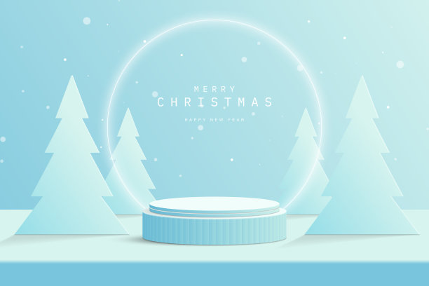 抽象的蓝色3D圆柱体基座基座在桌子上与圣诞树，发光的霓虹灯环和雪。产品展示或促销日的平台。圣诞快乐，新年快乐图片下载