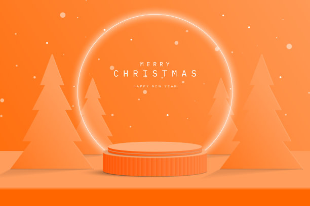 抽象的橙色3D圆柱体基座基座上的桌子与圣诞树，发光的霓虹灯环和雪。产品展示或促销日的平台。圣诞快乐，新年快乐图片下载