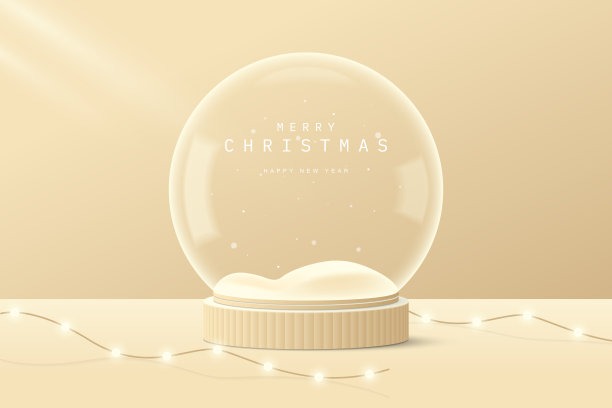 透明玻璃雪花球下逼真的棕色三维圆柱体裙座，雪花飘飘，霓虹灯线装饰。圣诞节和新年促销产品的设计。图片下载