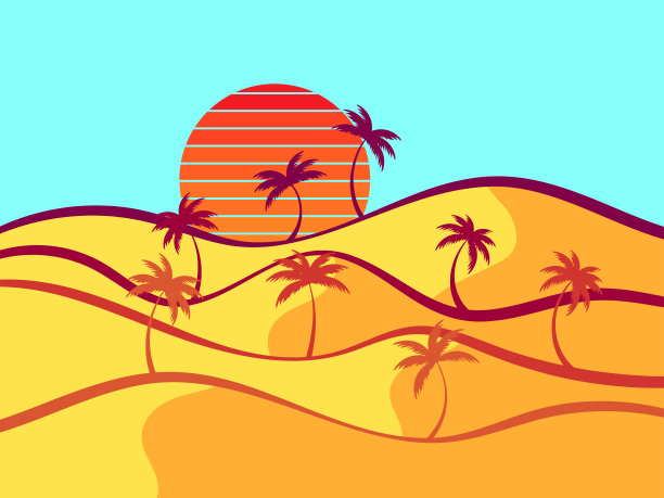 沙漠景观，棕榈树和沙丘。沙漠中的日出，沙丘上有棕榈树的剪影。设计印刷品，横幅和海报。Vetornaya插图图片下载