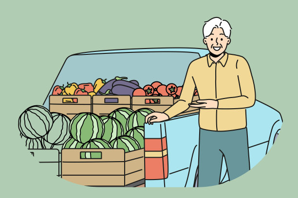 年长的农民站在汽车旁边，拿着新鲜的水果和蔬菜，在集市上卖健康食品图片下载