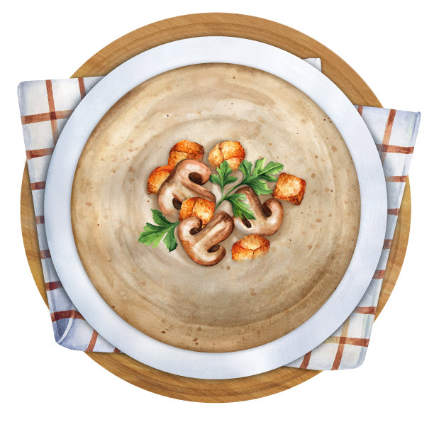 香菜和面包丁蘑菇汤。水彩插图图片下载