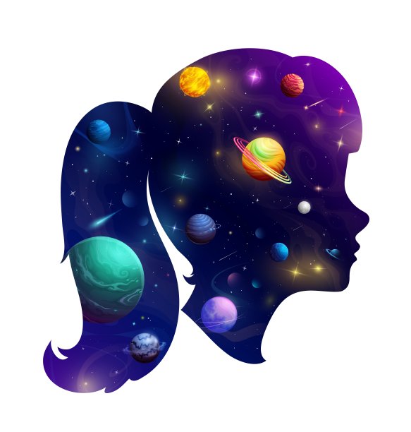 女孩头部轮廓与卡通星系空间图片下载