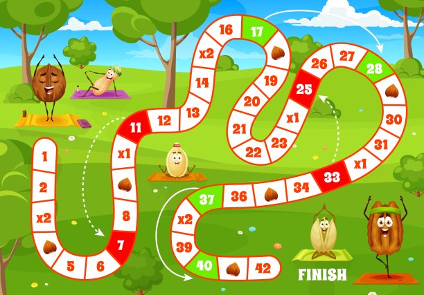 卡通坚果上有瑜伽健身，棋盘踏步游戏图片下载