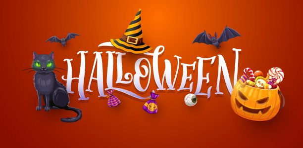 万圣节恐怖南瓜，糖果，蝙蝠的横幅图片下载