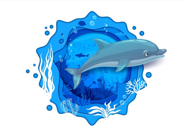 卡通蓝海豚和海洋水下剪纸图片下载