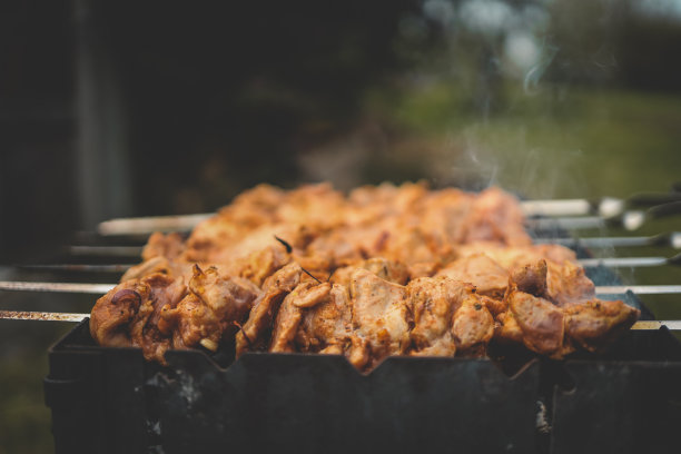 白天，一名男子在后院用手烧烤熏猪肉。家庭聚餐户外式烧烤活动图片下载