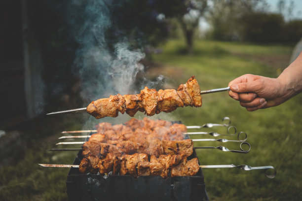 白天，一名男子在后院用手烧烤熏猪肉。家庭聚餐户外式烧烤活动图片下载