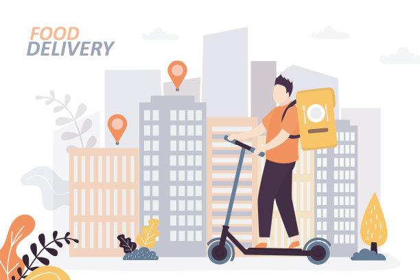 骑电动滑板车的快递员：穿着制服的快递员，快速配送服务，工人携带包裹箱，食品配送，城市景观背景图片下载