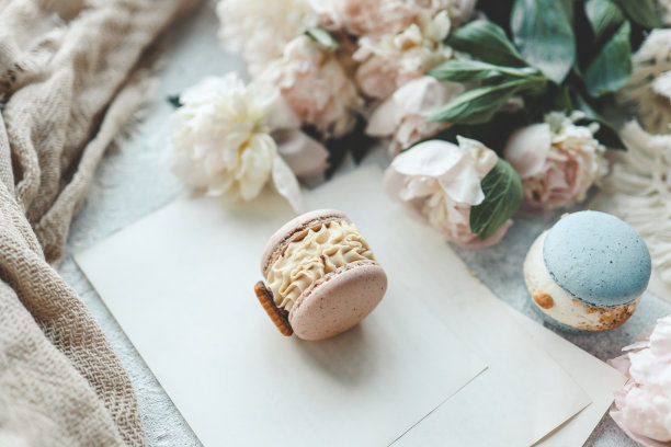 甜甜的马卡龙和白色的牡丹，美丽的照片图片下载