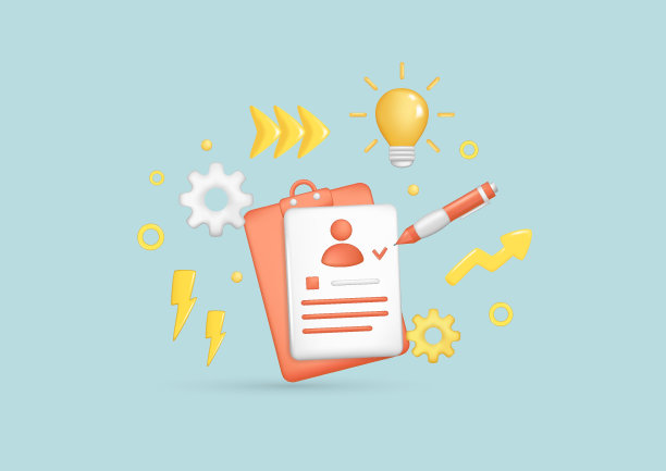 现实的3d剪贴板，个人文件，笔，灯泡，箭头，设置图标。光滑的3d合同工作申请，人力资源符号，招聘，简历。蓝色背景矢量插图图片下载