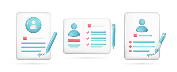 一套逼真的3d纸个人文件与用户图标，笔。光泽3d合同管理，求职申请，人力资源符号，招聘，简历。矢量插图隔离在白色背景上图片下载