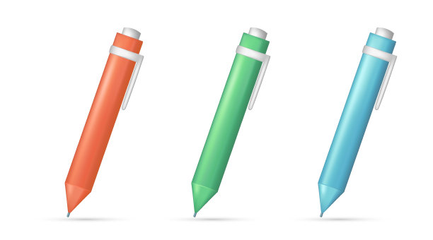一套逼真的3d光面笔，机械圆珠笔。卡通三维文具属性，教育理念，绘图符号，书写图标。矢量插图隔离在白色背景上图片下载