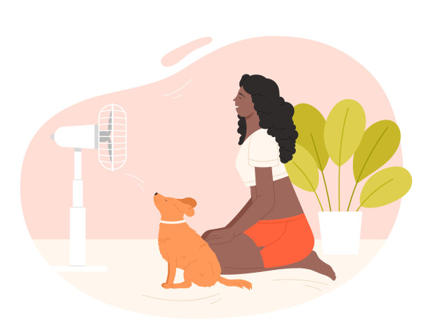 女孩带着宠物在电风扇上降温，坐在家里图片下载