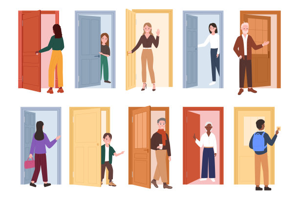 人们开着门，老幼人物出入办公室或家图片下载