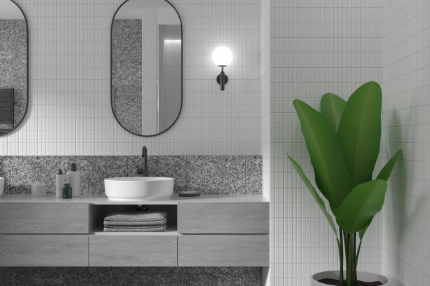 现代宁静的家庭浴室内饰，现代设施和乡村魅力。它融合了优雅、舒适和自然。3 d渲染。图片下载